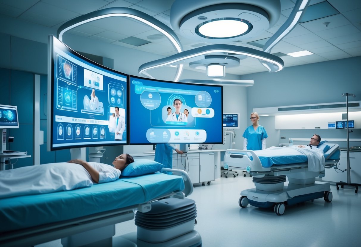 A futuristic medical facility with advanced technology and AI algorithms monitoring patients and providing preemptive treatments