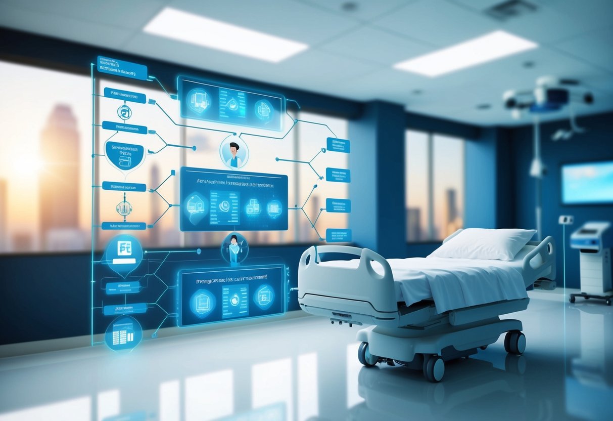 A futuristic hospital room with AI algorithms analyzing patient data and generating treatment plans