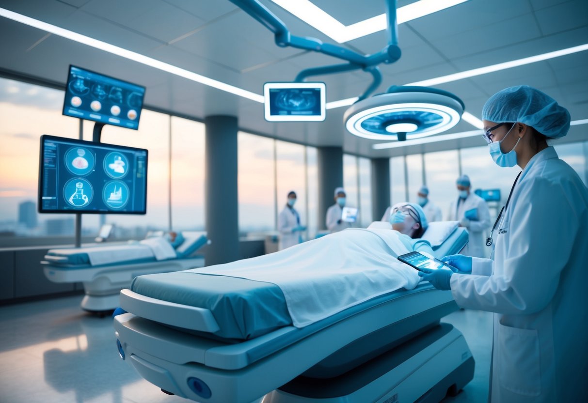 A futuristic medical facility with AI-powered technology monitoring patients for early signs of disease and providing preemptive treatments