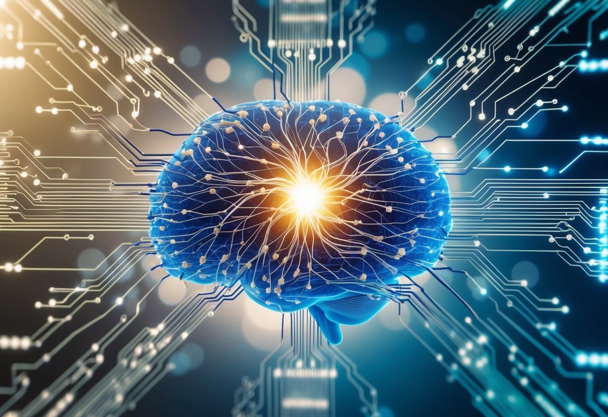 A neural network entwined with circuitry, emulating synapses, surrounded by data streams, symbolizing the merging of neuromorphic computing and AI