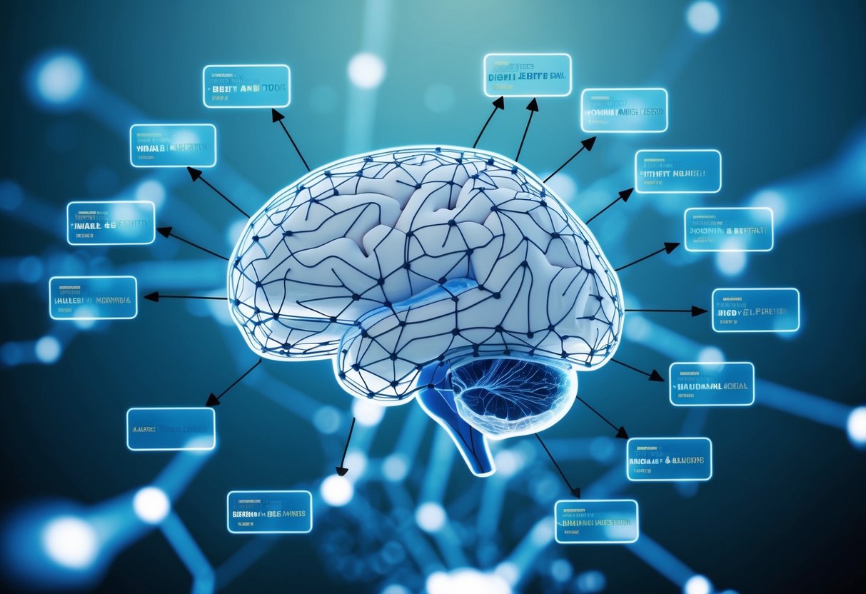 A complex neural network diagram with energy-efficient components and connections resembling the human brain