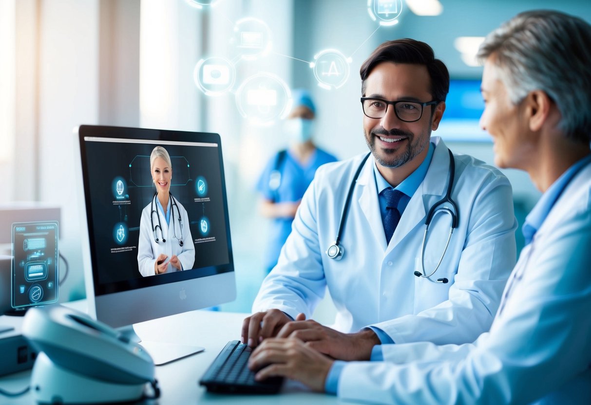 A doctor using a computer to consult with a patient via video call, with medical equipment and AI algorithms visible in the background