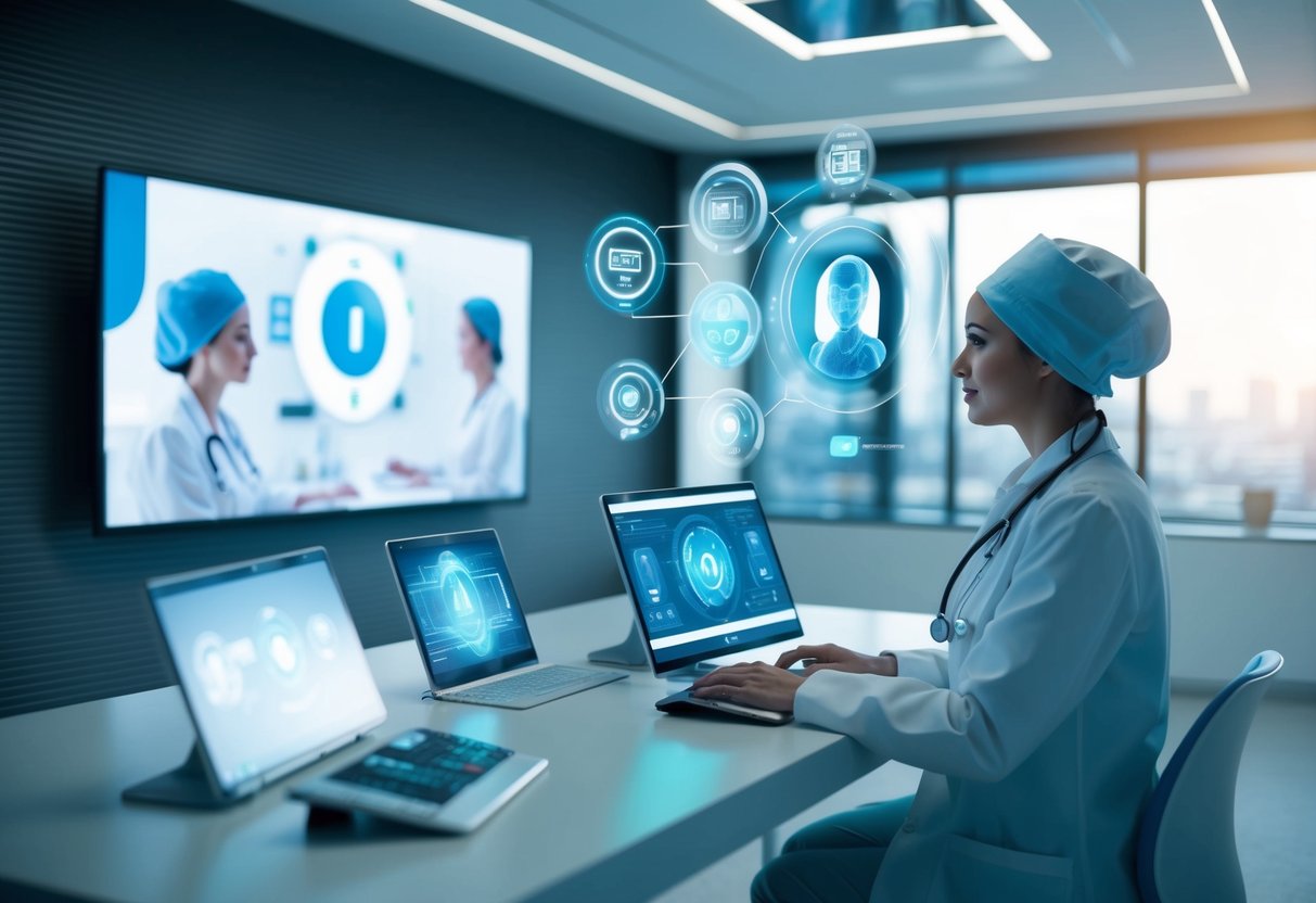 A futuristic telehealth consultation room with AI-driven tools and advanced medical technology