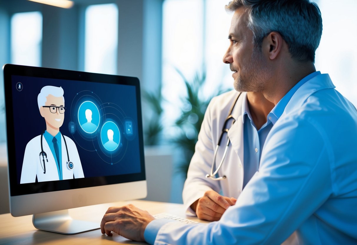 A modern, sleek telemedicine AI interface with a virtual doctor consulting with a patient on a screen