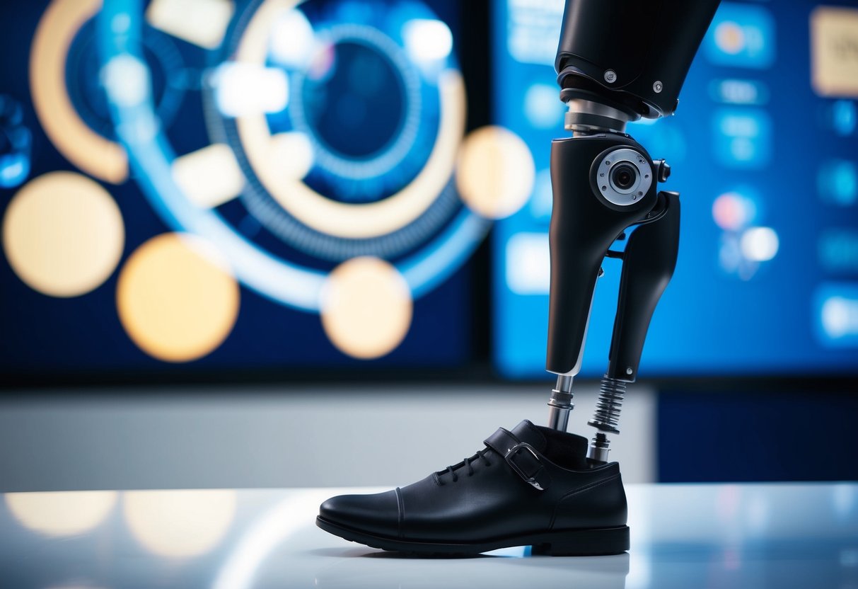 A sleek, modern prosthetic leg stands against a backdrop of advanced technology, showcasing the latest breakthroughs in AI-enhanced mobility restoration