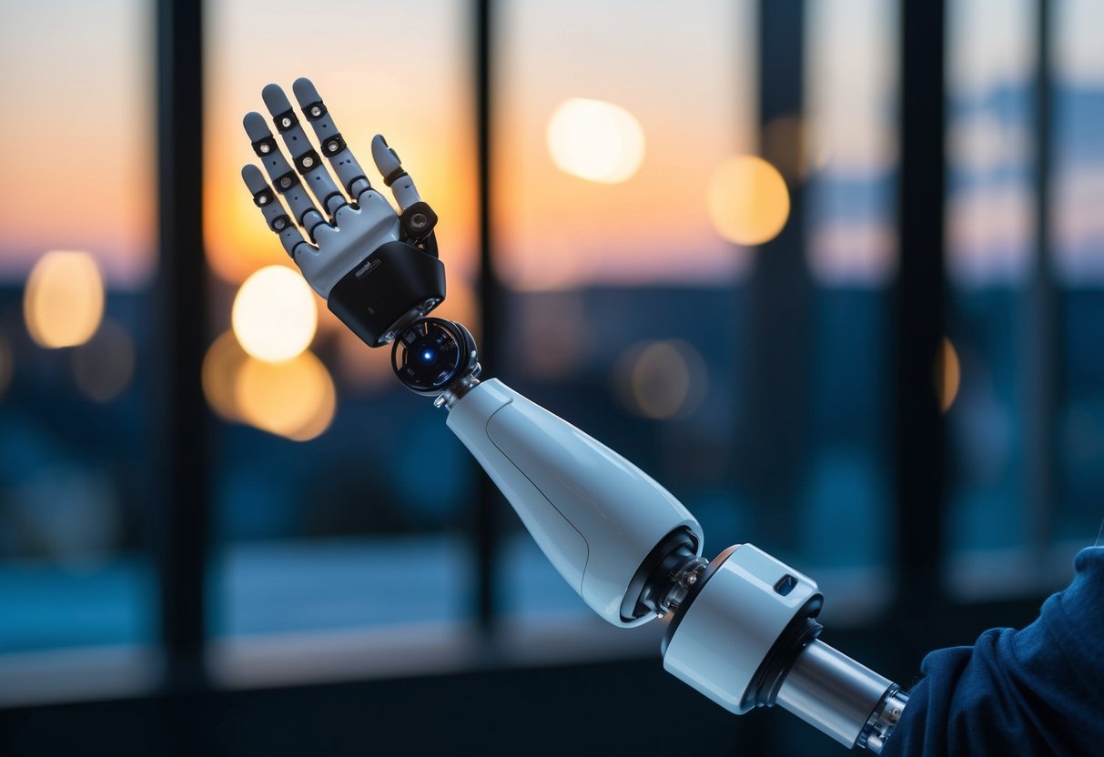 A sleek, modern prosthetic limb is connected to a network of sensors and AI technology, allowing for seamless integration of sensory feedback and natural movement