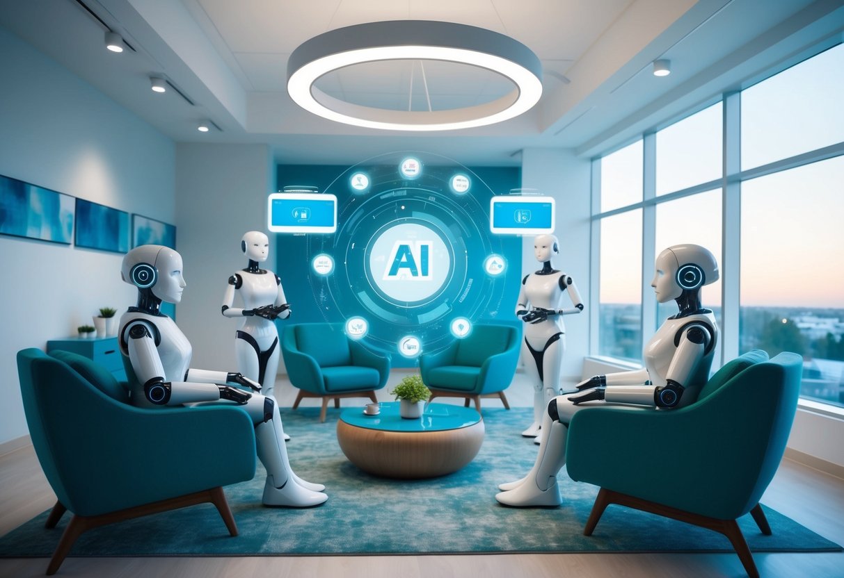 A serene, futuristic therapy office with AI chatbots and virtual therapists assisting patients through natural language processing