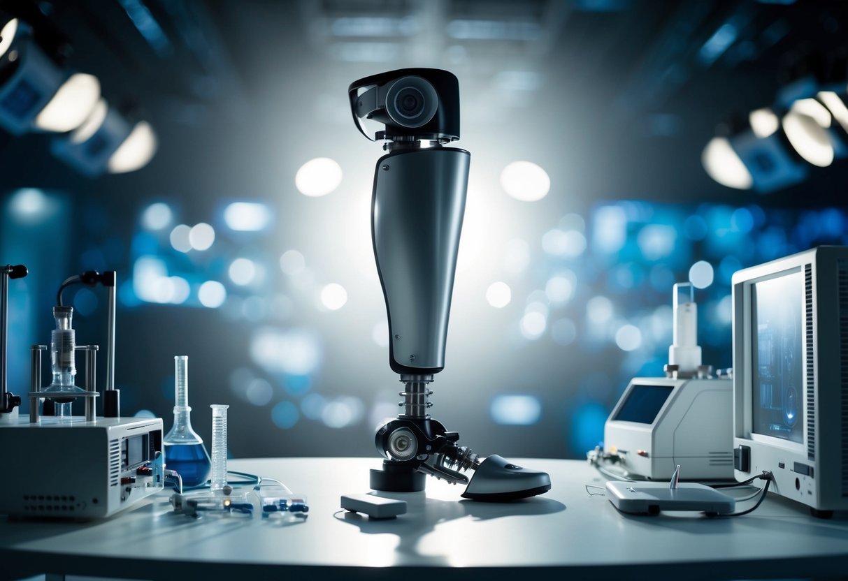 A sleek, futuristic prosthetic leg stands in a spotlight, surrounded by advanced technology and scientific equipment